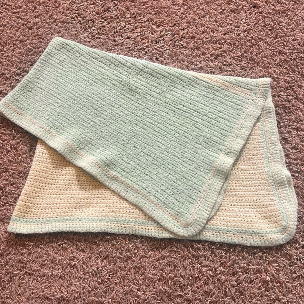 Handmade Crochet Baby Blanket Mint Green Cream Yellow Pastel Nursery Throw 49x33